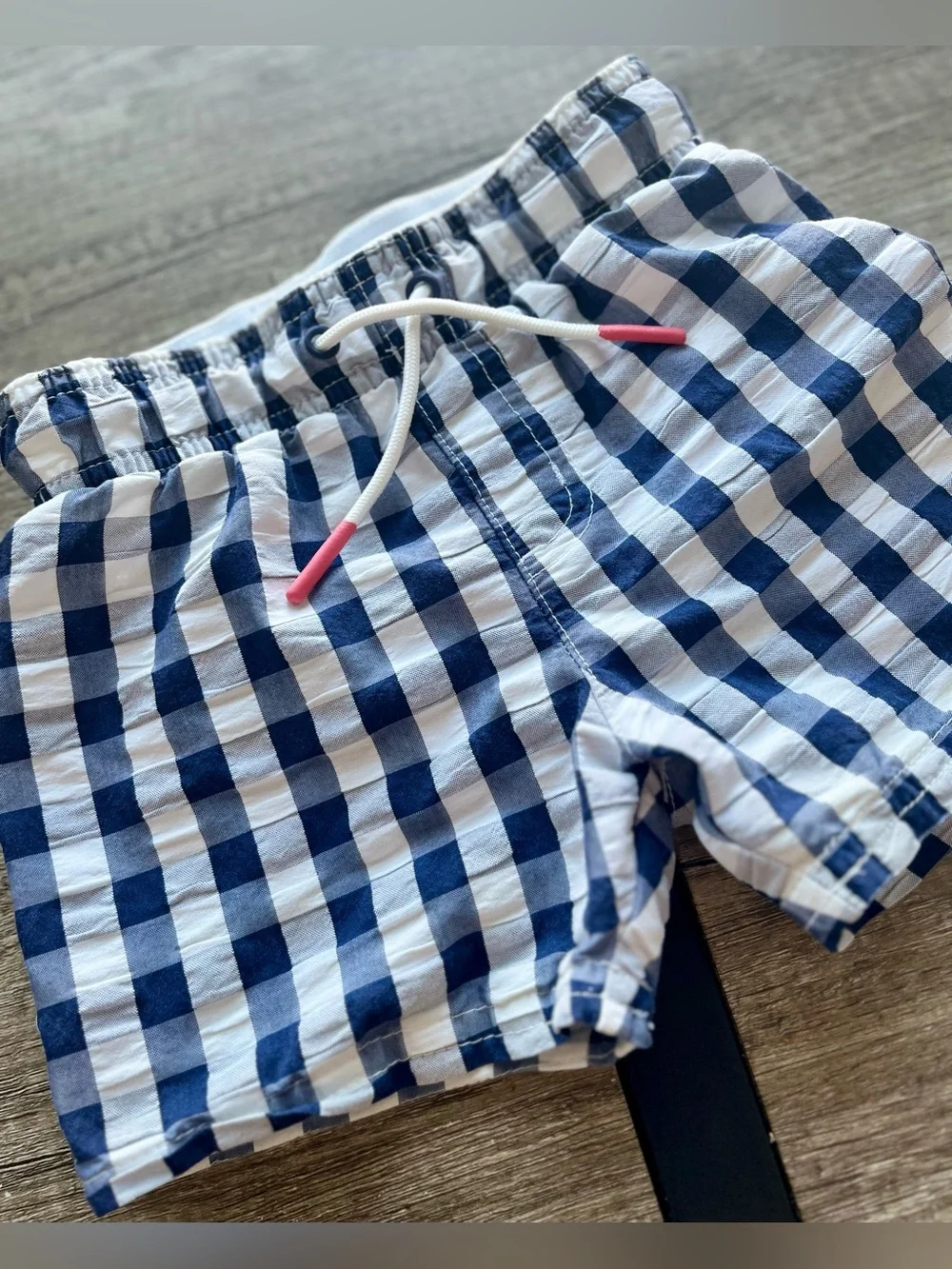 Cat & Jack Navy and White Gingham Swim Shorts with Pink-Tip Drawstring